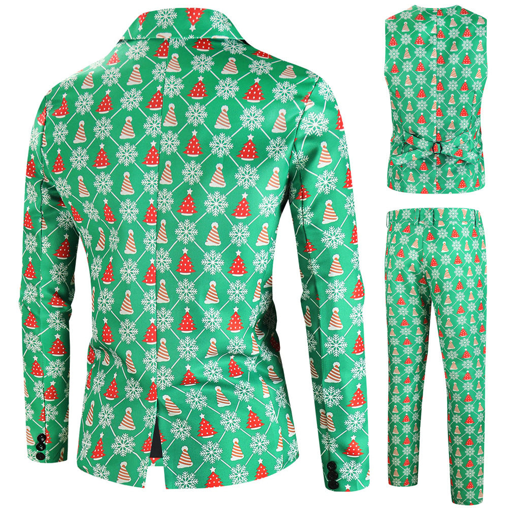 Men's Three-Piece Festive Suit Set with Christmas Print and Tailored Blazer Mune Fashion
