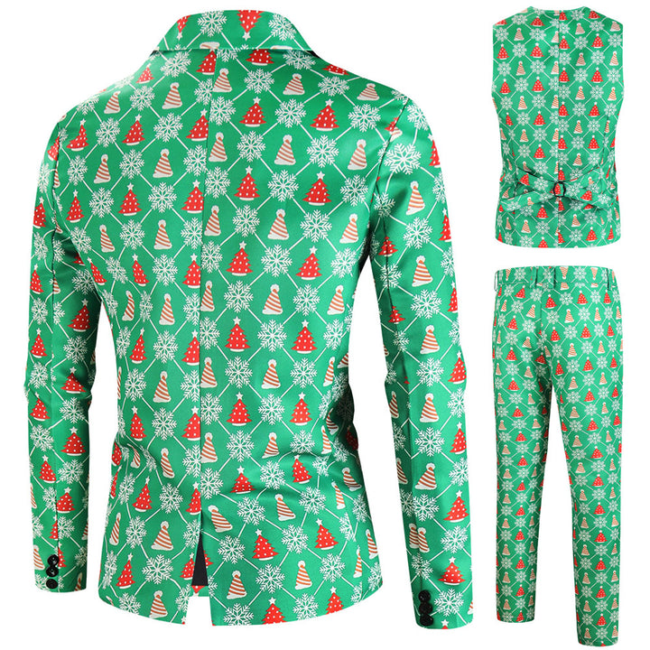 Men's Three-Piece Festive Suit Set with Christmas Print and Tailored Blazer Mune Fashion