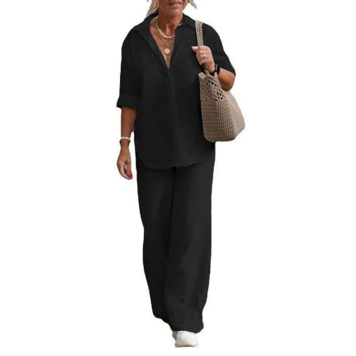 Women's Lightweight Linen Loungewear Set with Open Shirt Collar and Wide Palazzo Pants Mune Fashion
