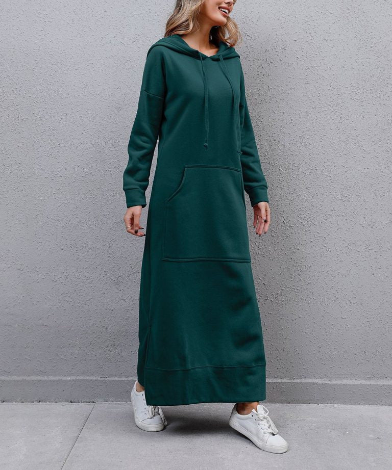 Women's long hooded sweat dress with kangaroo pocket, side slits and loose oversized fit Mune Fashion