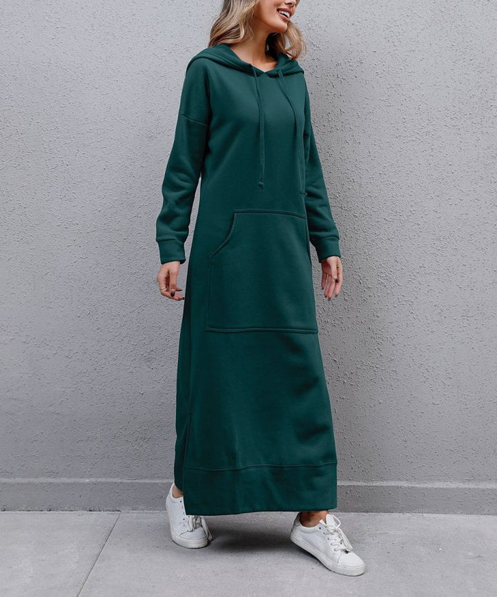 Women's long hooded sweat dress with kangaroo pocket, side slits and loose oversized fit Mune Fashion