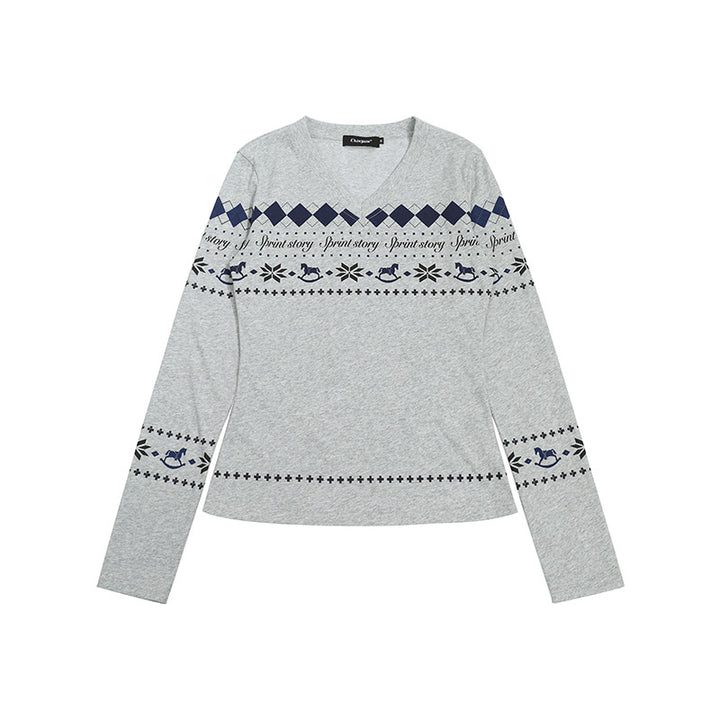 Women's Long Sleeve Shirt with V-Neck and Scandinavian Norwegian Print made of Cotton Blend Mune Fashion