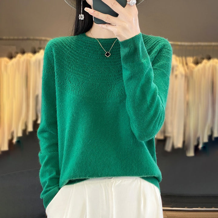 Ladies Soft Ajour-Yoke Round Neck Sweater in Cashmere-Look Fine Knit Mune Fashion