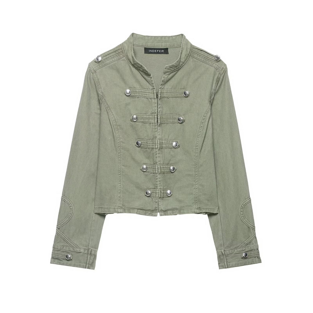 Women's cropped military jacket with stand-up collar, decorative button placket, and fitted silhouette Mune Fashion