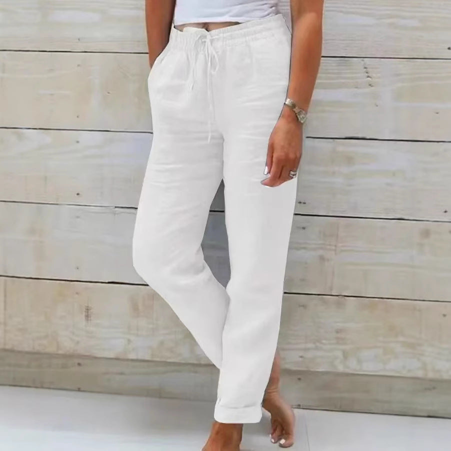 Women's casual linen pants with elastic waistband drawstring and side pockets Mune Fashion