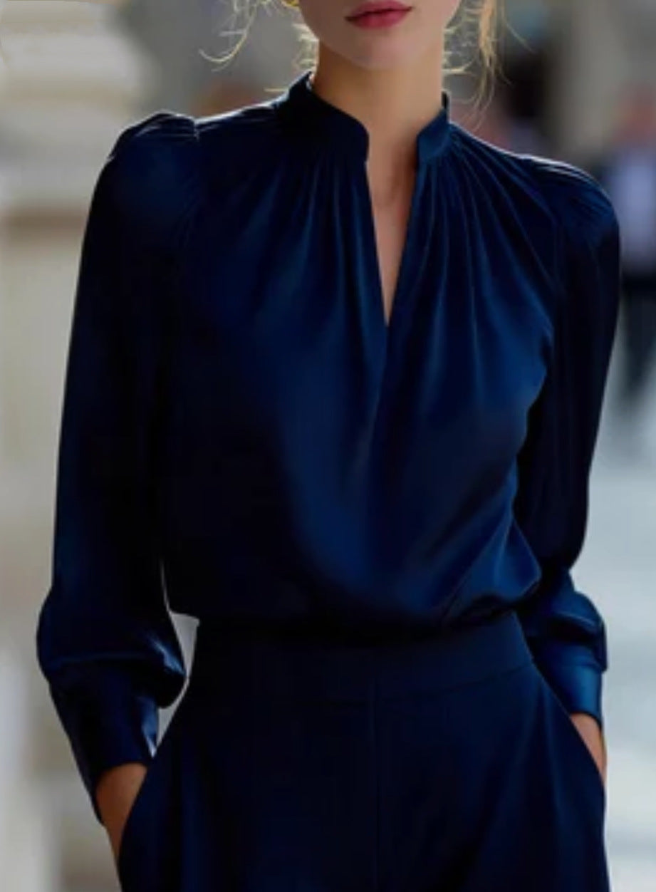 Ladies Elegant Blouse with Stand-up Collar and Bouffant Sleeves Mune Fashion
