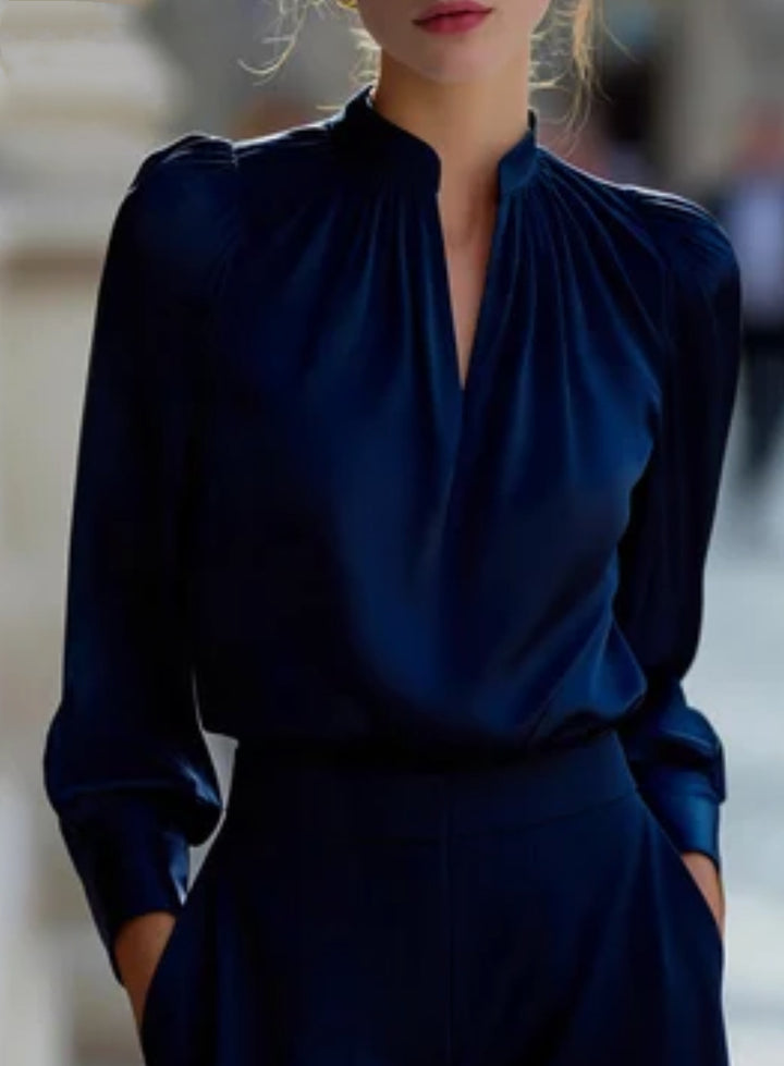 Ladies Elegant Blouse with Stand-up Collar and Bouffant Sleeves Mune Fashion