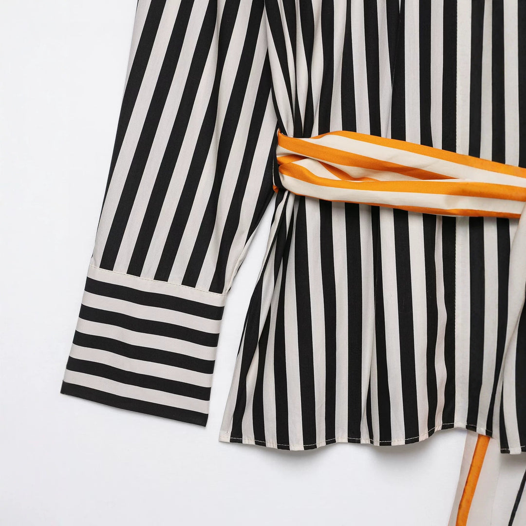 Ladies' shirt dress with vertical stripes and a prominent bow belt Drune