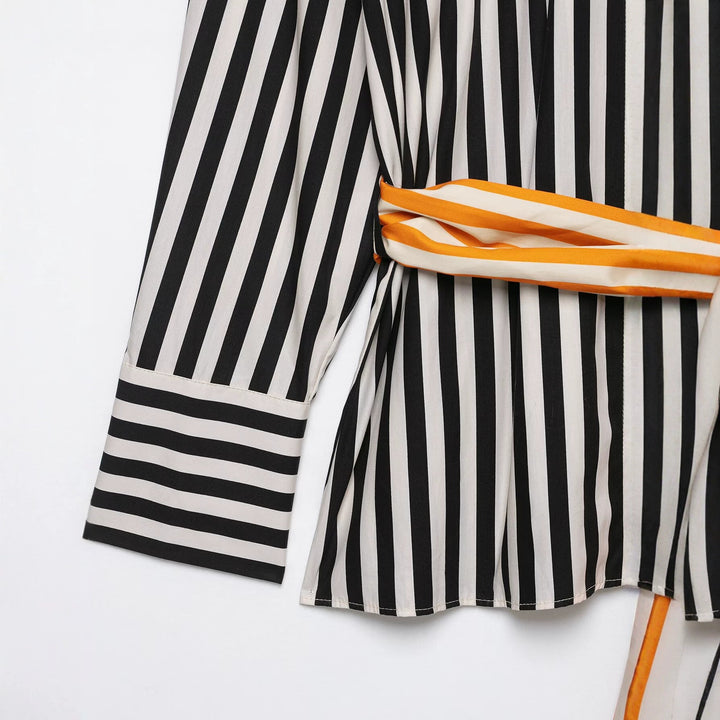 Ladies' shirt dress with vertical stripes and a prominent bow belt Drune