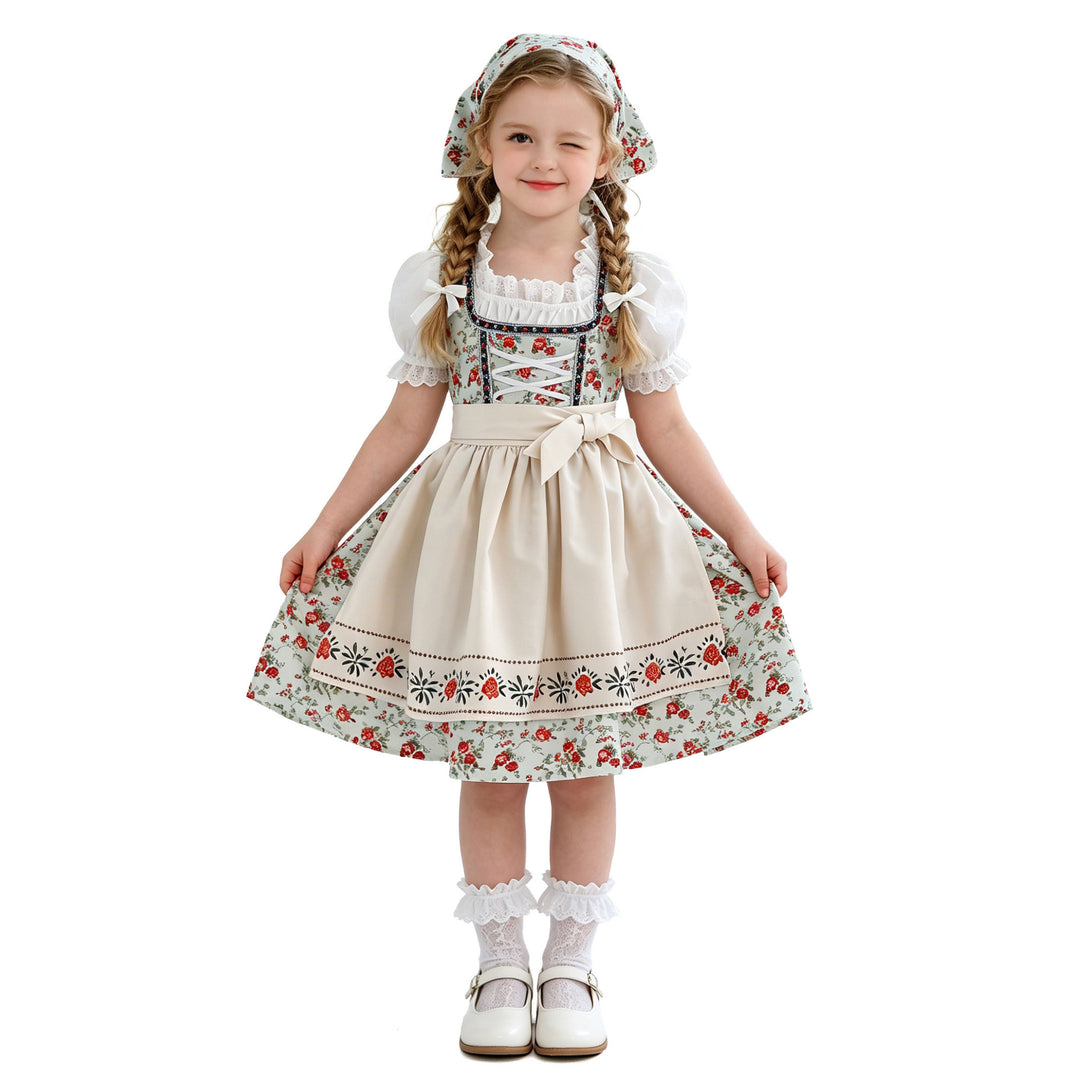 Ladies' and Children's dirndl traditional dress with lace blouse, apron, and headscarf Mune Fashion