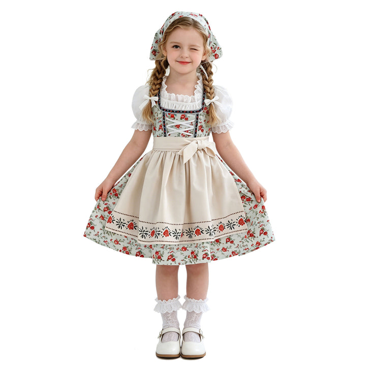 Ladies' and Children's dirndl traditional dress with lace blouse, apron, and headscarf Mune Fashion