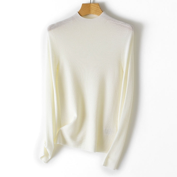 Women Fine Fine Knit Long Sleeve Sweater with Short Stand-Up Collar and Slim-Fit Mune Fashion