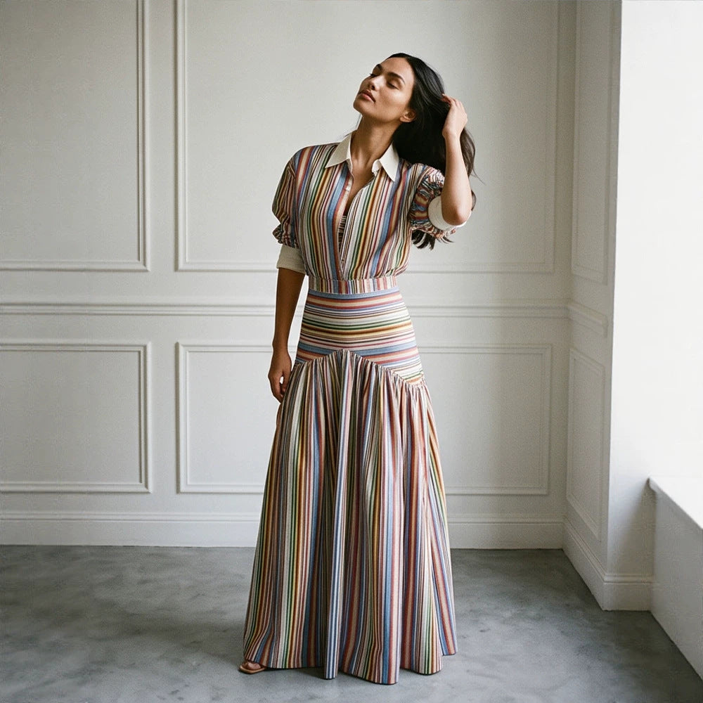 Women’s maxi dress with shirt collar, fitted waistband & layered tiered skirt Mune Fashion