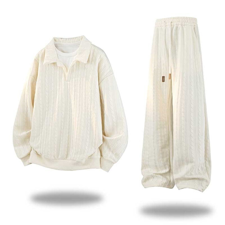 Men's Oversized Structured Lounge Set with Polo Collar, Cable Knit Look & Wide Leg Mune Fashion