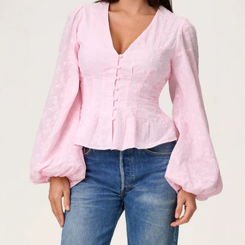 Women's jacquard lace blouse with fitted peplum and balloon sleeves Mune Fashion