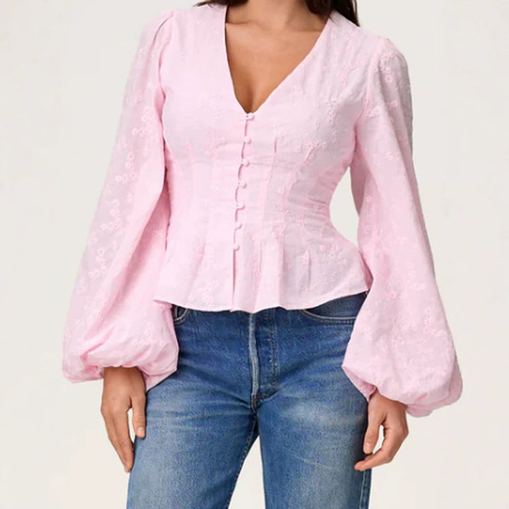 Women's jacquard lace blouse with fitted peplum and balloon sleeves Mune Fashion