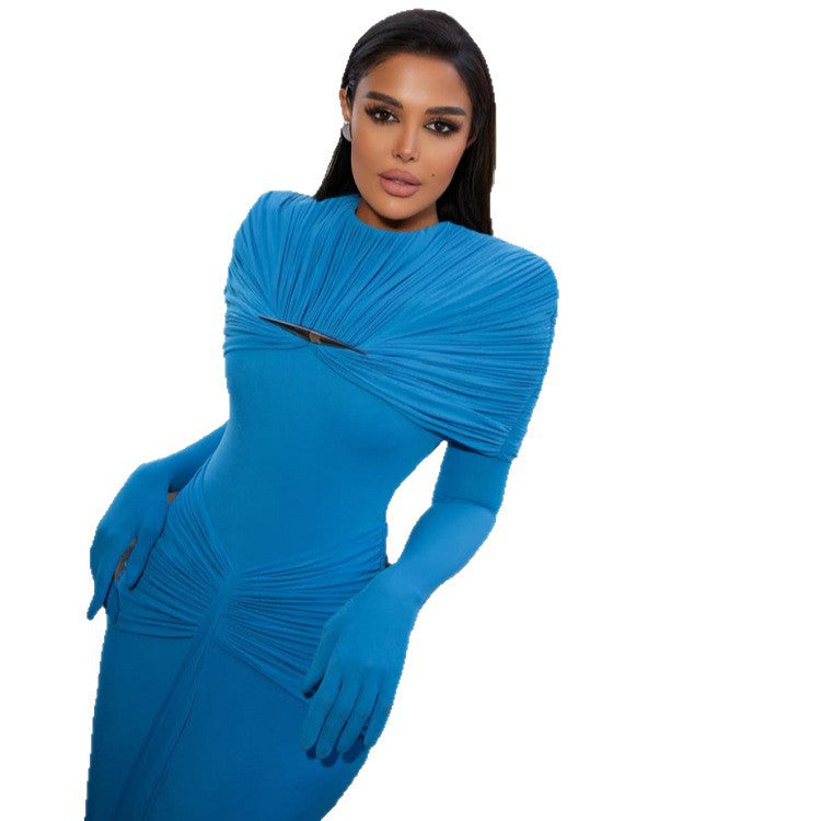 Women Elegant Fitted Evening Dress with Pleated Shawl Collar and Integrated Arm Warmers Mune Fashion