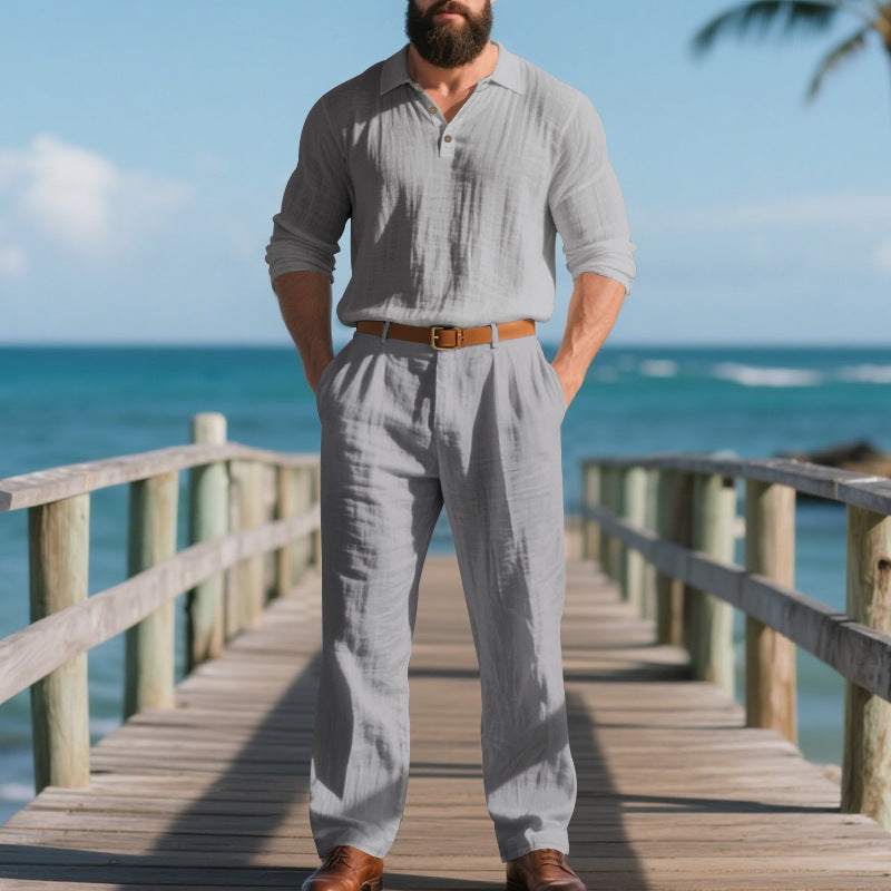Men's airy linen two-piece set with V-neck shirt and loose pleated trousers Mune Fashion