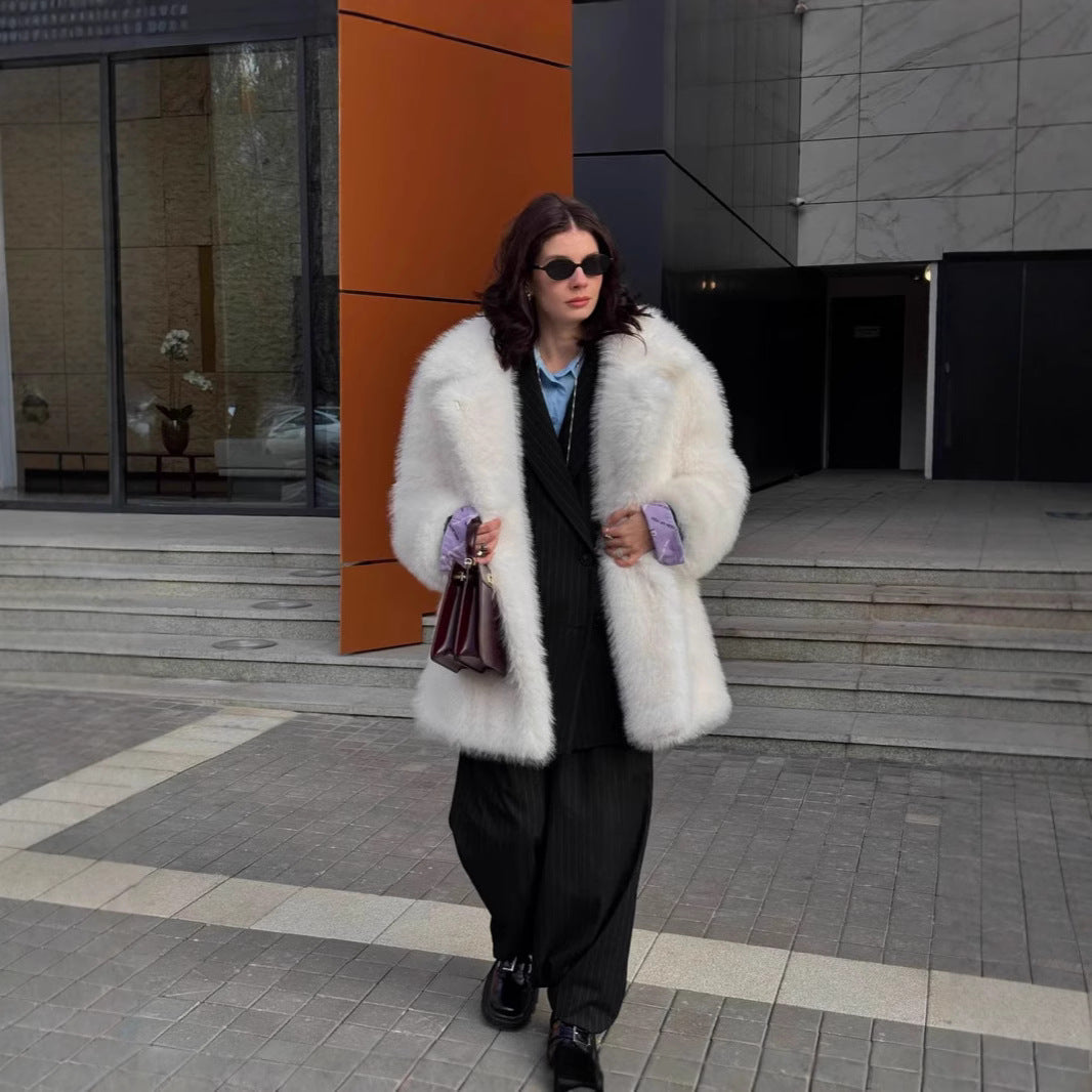 Women's Long Pile Oversized Faux Fur Coat with Boxy Silhouette and Open Cut Mune Fashion