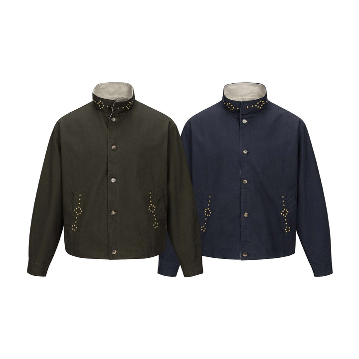 Unisex Short Blouson Jacket with High-Collar Studded Neck and Utility Pockets Mune Fashion