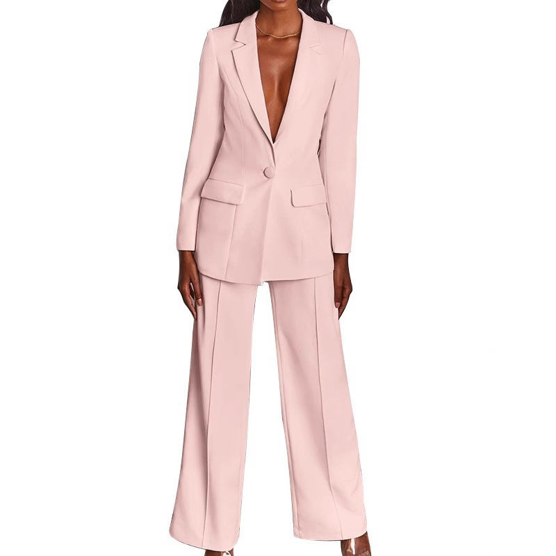 Women's tailored pantsuit with deep lapel, single-button closure, and palazzo pants Mune Fashion