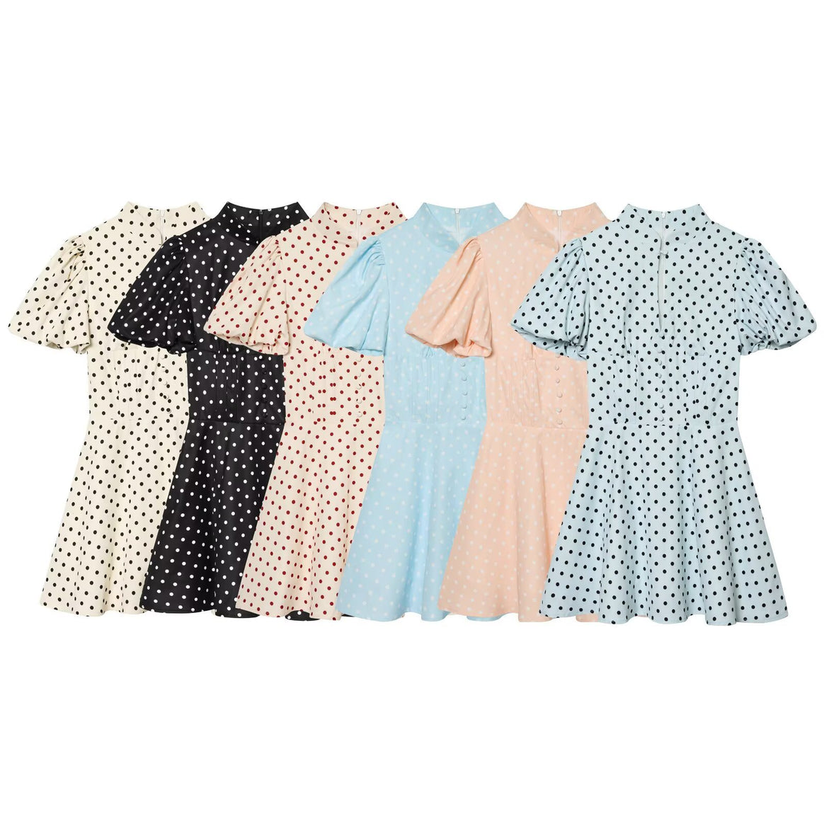 Women's Polka Dot A-Line Dress with Stand Collar, Tailoring and Balloon Sleeves Mune Fashion