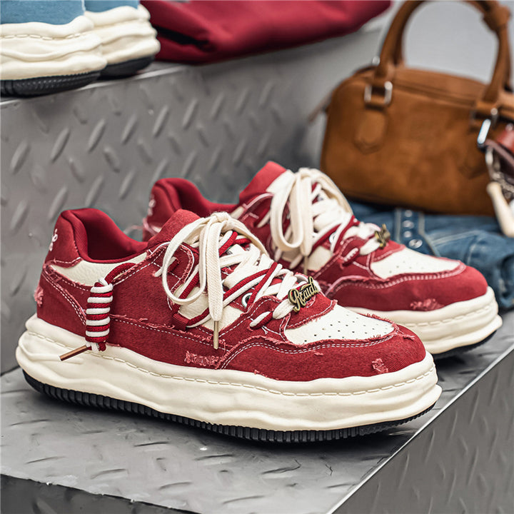 Women's denim platform sneaker with contrast stitching, padded wave sole and embellished lacing details Mune Fashion