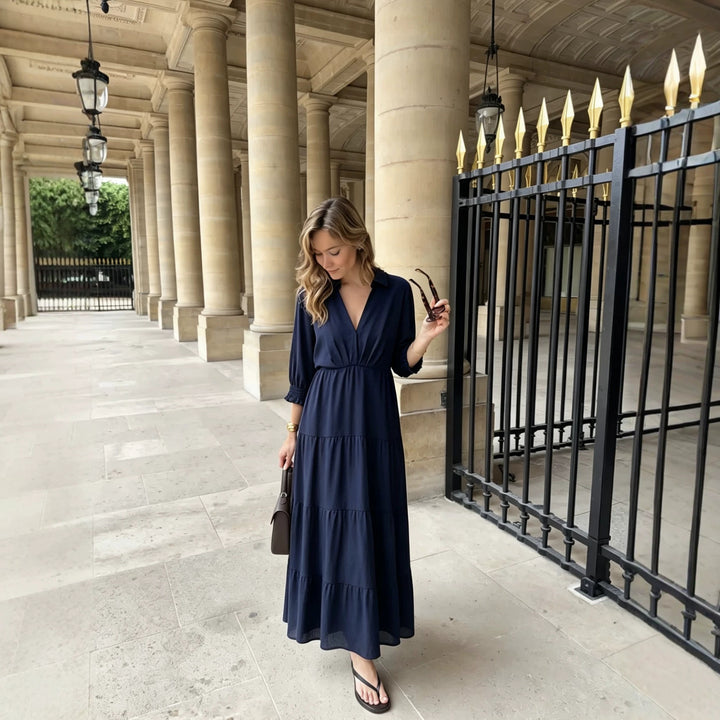 Women’s midi dress in tiered look with shirt collar, V-neck and gathered waist seam Mune Fashion