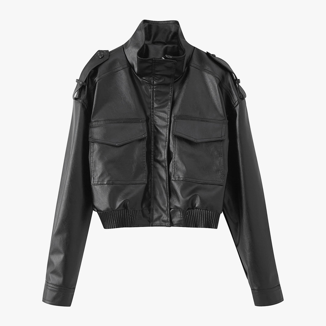Women's short cut blouson jacket made of vegan leather with shoulder flaps and flap pockets Mune Fashion