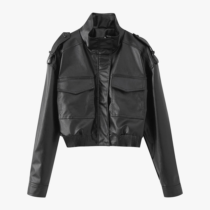 Women's short cut blouson jacket made of vegan leather with shoulder flaps and flap pockets Mune Fashion