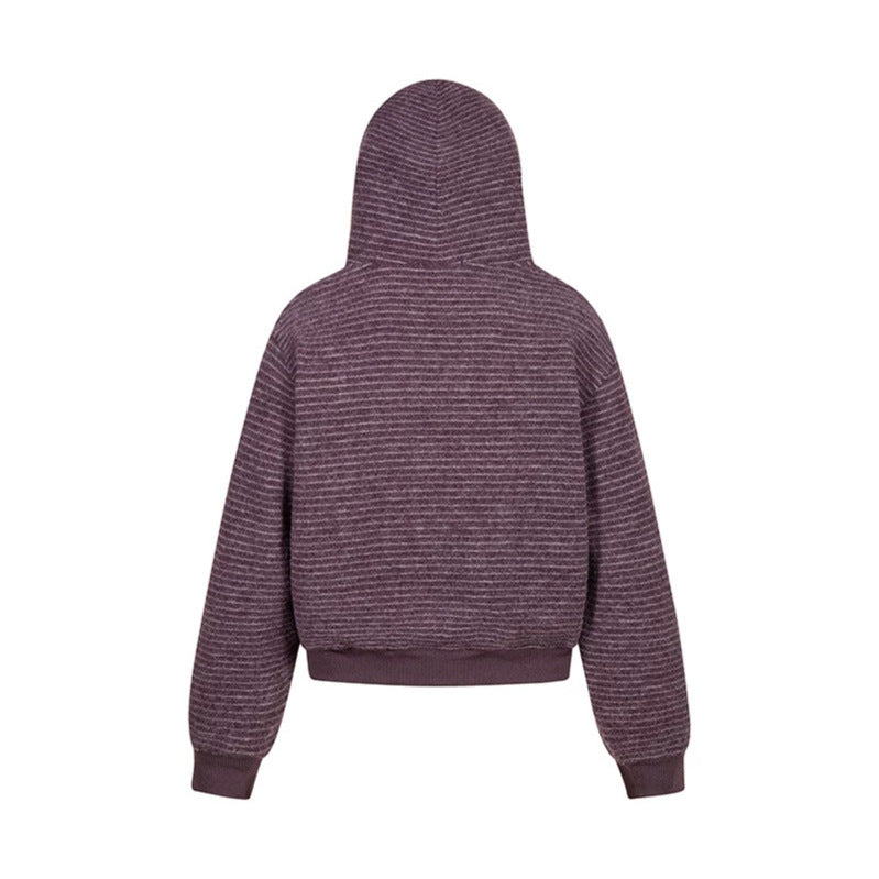 Women's short-cut hooded zip jacket with horizontal stripe relief and elastic waistband Mune Fashion