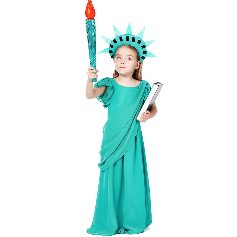 Girl costume as Statue of Liberty with elegant dress and accessories Mune Fashion