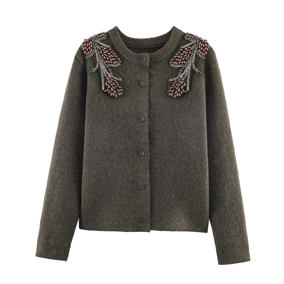 Ladies Short Boucle Cardigan with Bead and Bead Appliqué on the Shoulders Mune Fashion