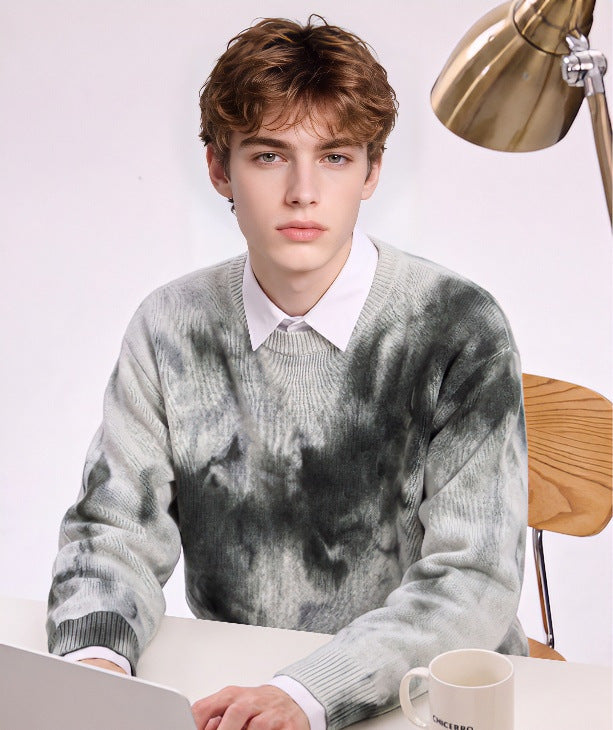 Men's Oversized Knit Sweater with Tie-Dye Look, Round Neck and Ribbed Cuffs Mune Fashion