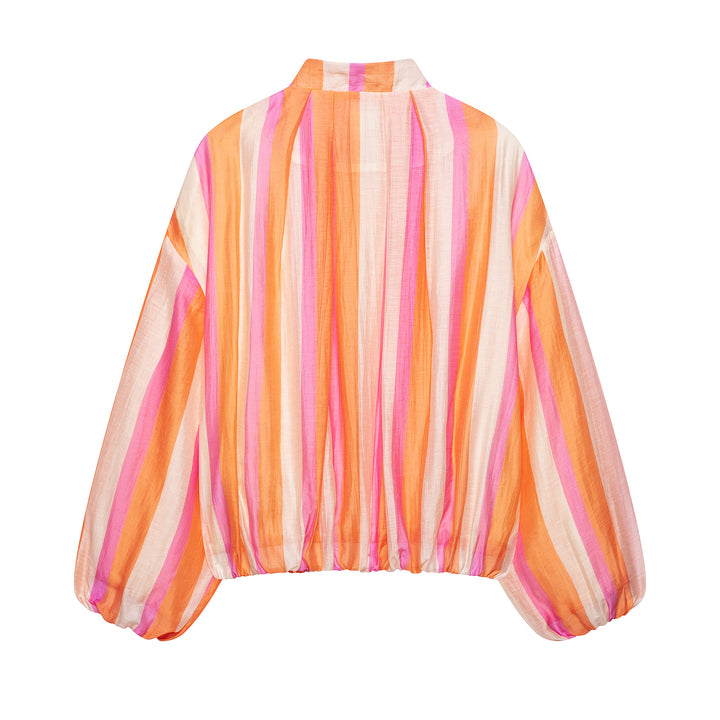 Women Striped Cropped Bomber Jacket with Balloon Sleeves Mune Fashion