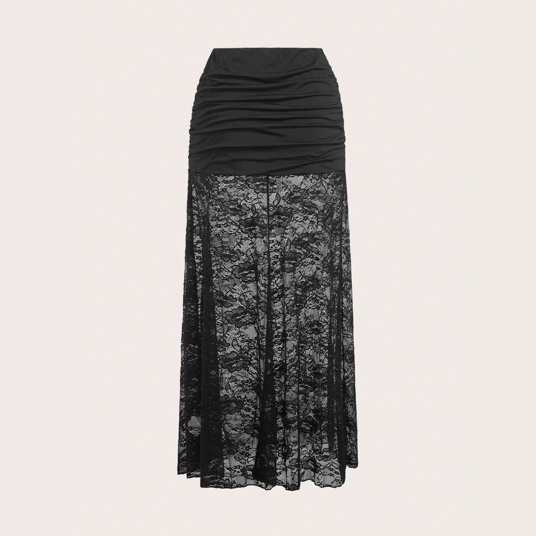 Women nan maxi skirt with gathered mini inner slip and floral lace overlay Mune Fashion
