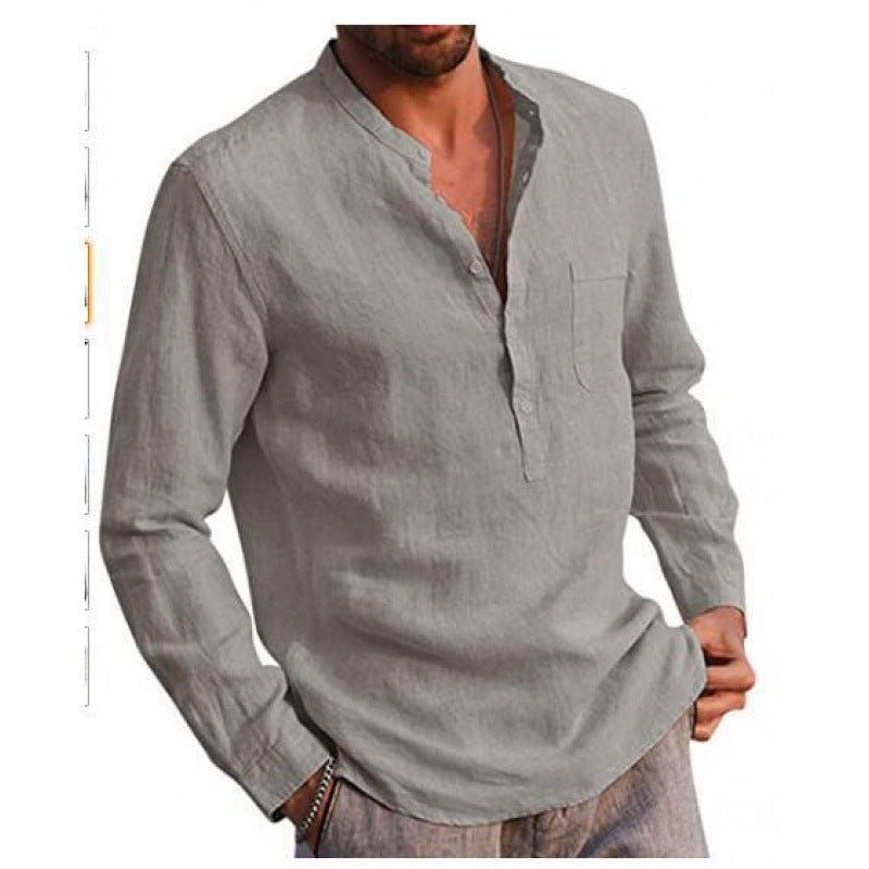 Men's Lightweight Linen Shirt with Stand Collar, Half Button Placket and Chest Pocket Mune Fashion