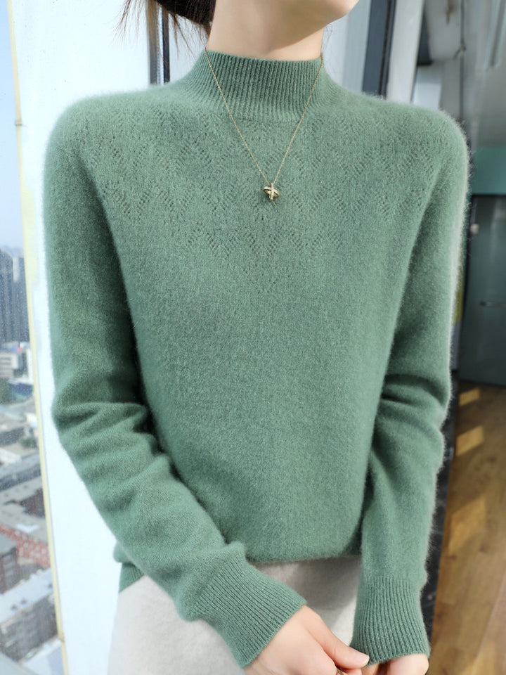 Women Slim Minimalist Stand Collar Fine Knit Sweater with Ribbed Neck Mune Fashion