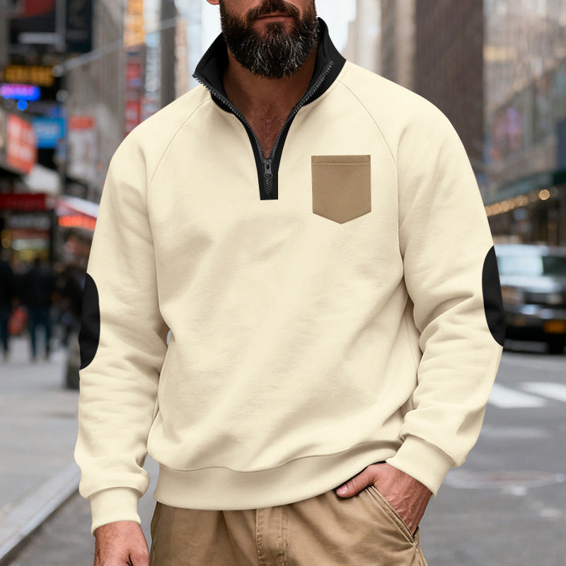 Men's Nan Quarterzip Sweatshirt with Stand-Up Collar, Contrasting Zipper, Elbow Patches, and Chest Pocket Mune Fashion