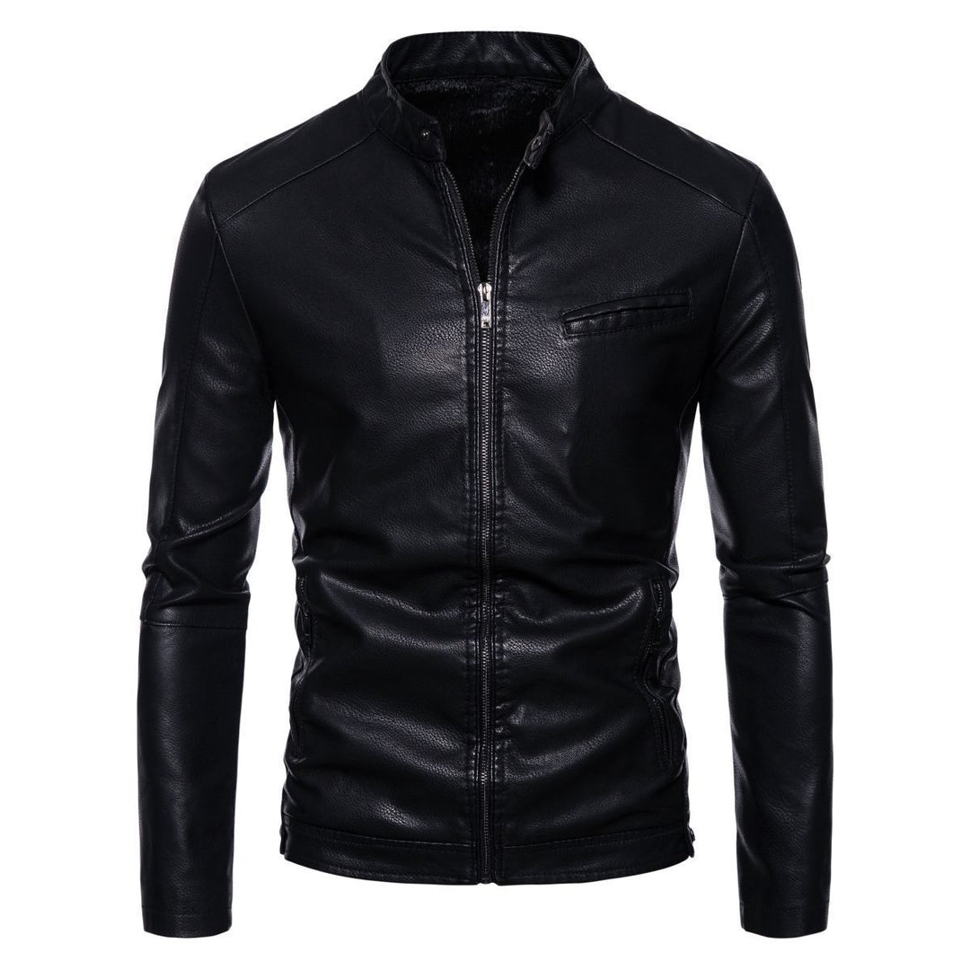 Men's Slim Faux Leather Biker Jacket with Stand-up Collar, Faux Fur Lining and Zipper Pockets Mune Fashion