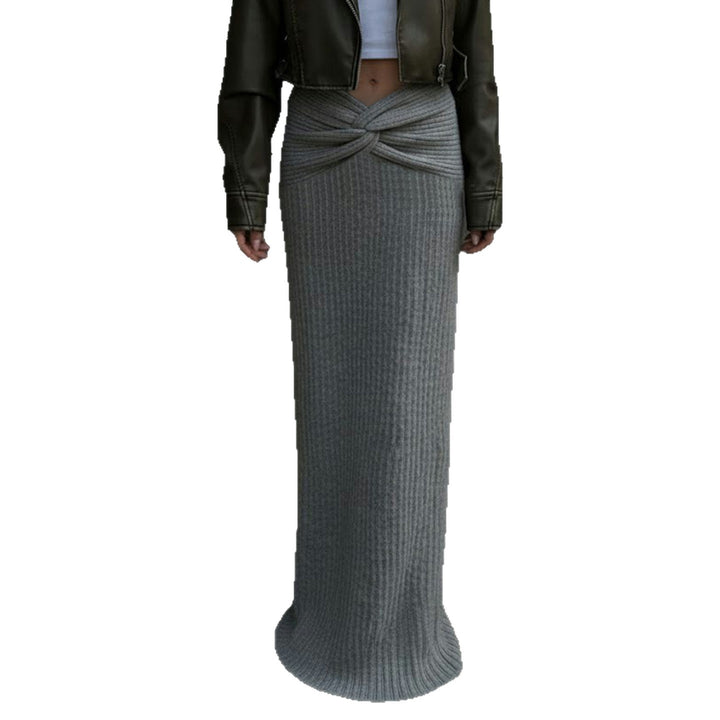 Women’s high-waisted ribbed maxi knitted skirt with twist waistband and flattering A-line Mune Fashion
