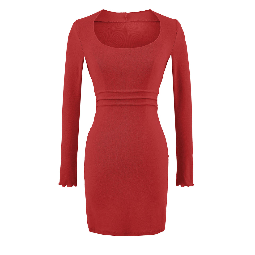 Women's Fitted Midi Dress with Square Neckline and Waist Ruching