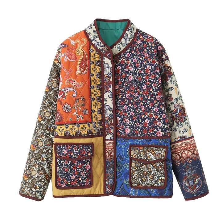 Women's Oversize Patchwork Quilted Jacket with Stand-up Collar and Patch Pockets Mune Fashion