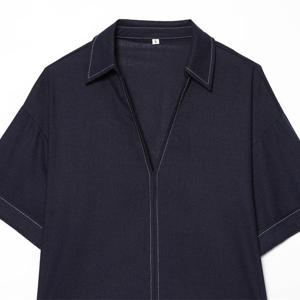 Women Boxy Shirt Blouse with Open V-Neck, Short Oversized Sleeve and Contrast Stitch Mune Fashion