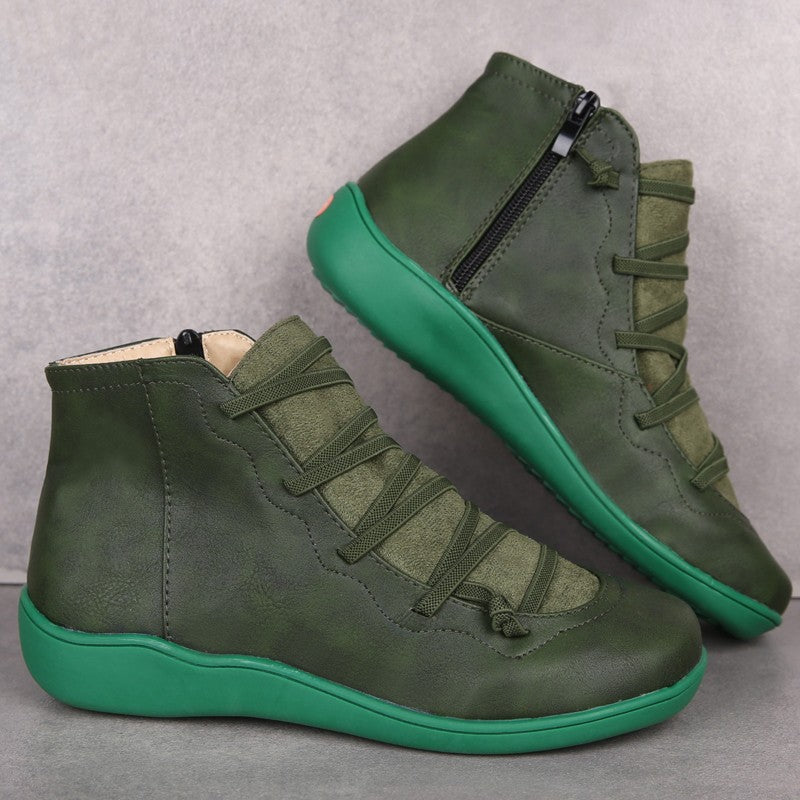 Women's Ankle-Height Comfort Boots with Elastic Decorative Lacing and Side Zipper Mune Fashion