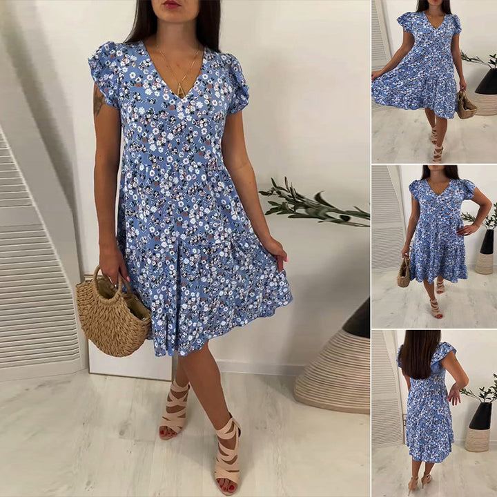 Ladies' V-neck tiered dress with puff sleeves and fitted underbust seam Mune Fashion