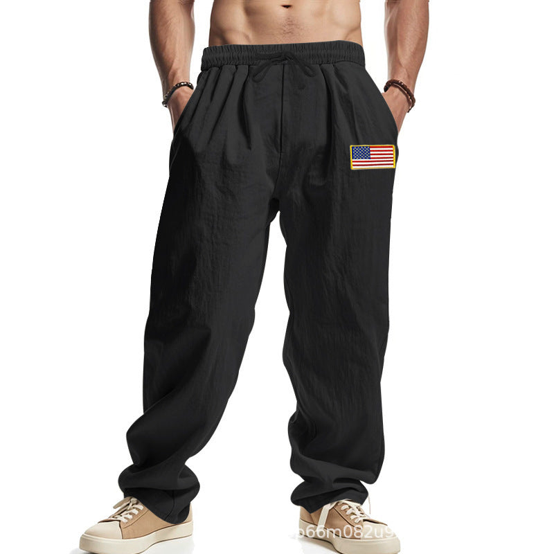 Men's Comfortable Leisure Pants with Elastic Waistband and Usa Flag Application Mune