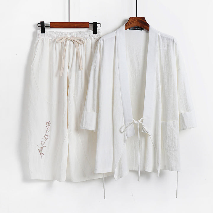 Unisex Lightweight Kimono Loungewear Set made of Cotton-Linen with Embroidered Harem Pants and Tie Belt Mune Fashion