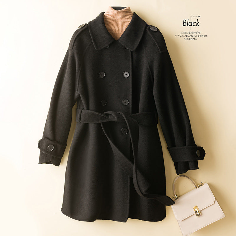 Women's Double-Breasted Wool Blend Coat with Waist Belt, Epaulettes and Adjustable Cuffs Mune Fashion