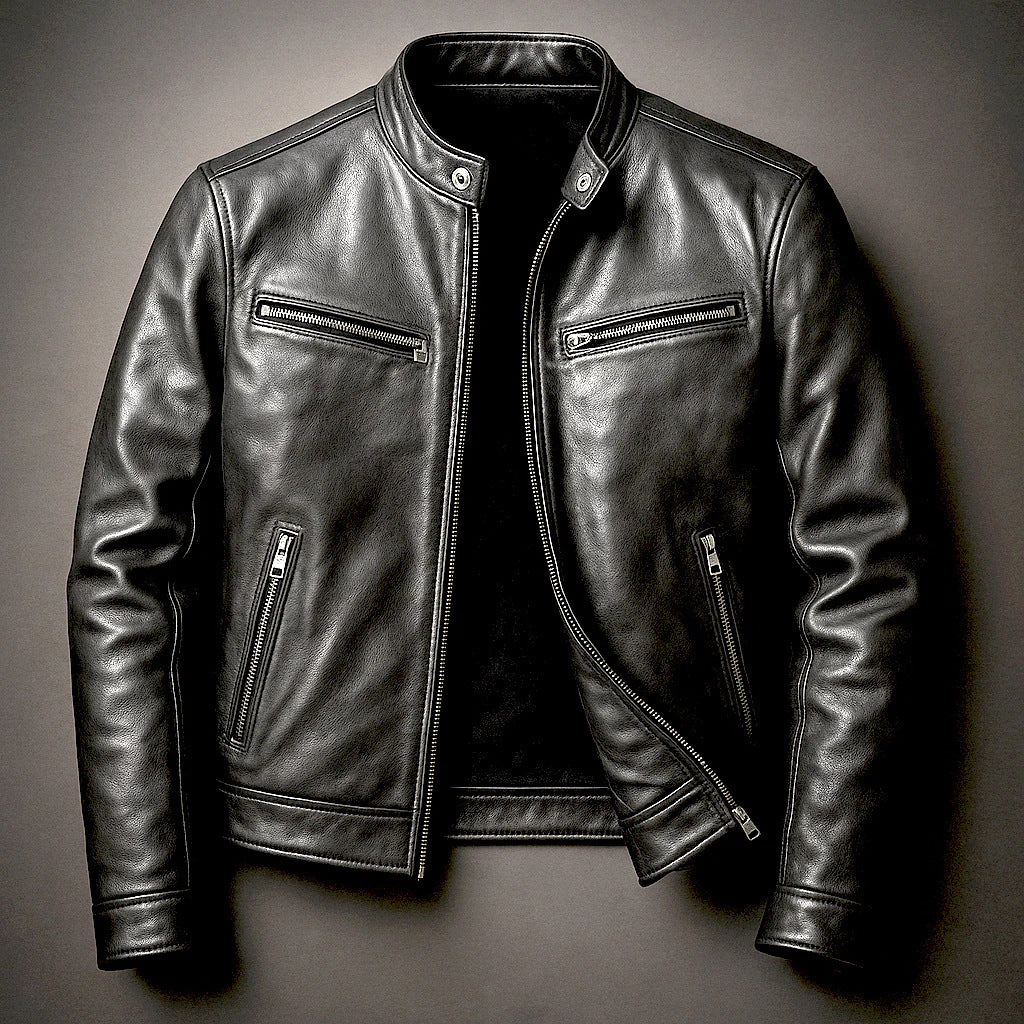 Men's Slim Fit Biker Leather Jacket made of Nappa Leather with Stand Collar and Zipper Mune Fashion